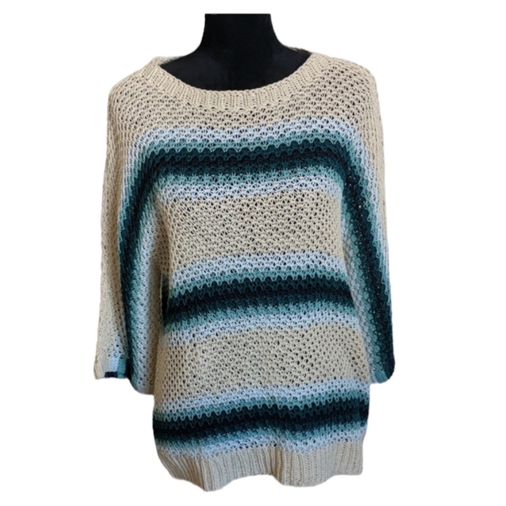 J. Jill Crocheted Boho Open Knit Striped Beige & Blue Sweater Top Sz XL